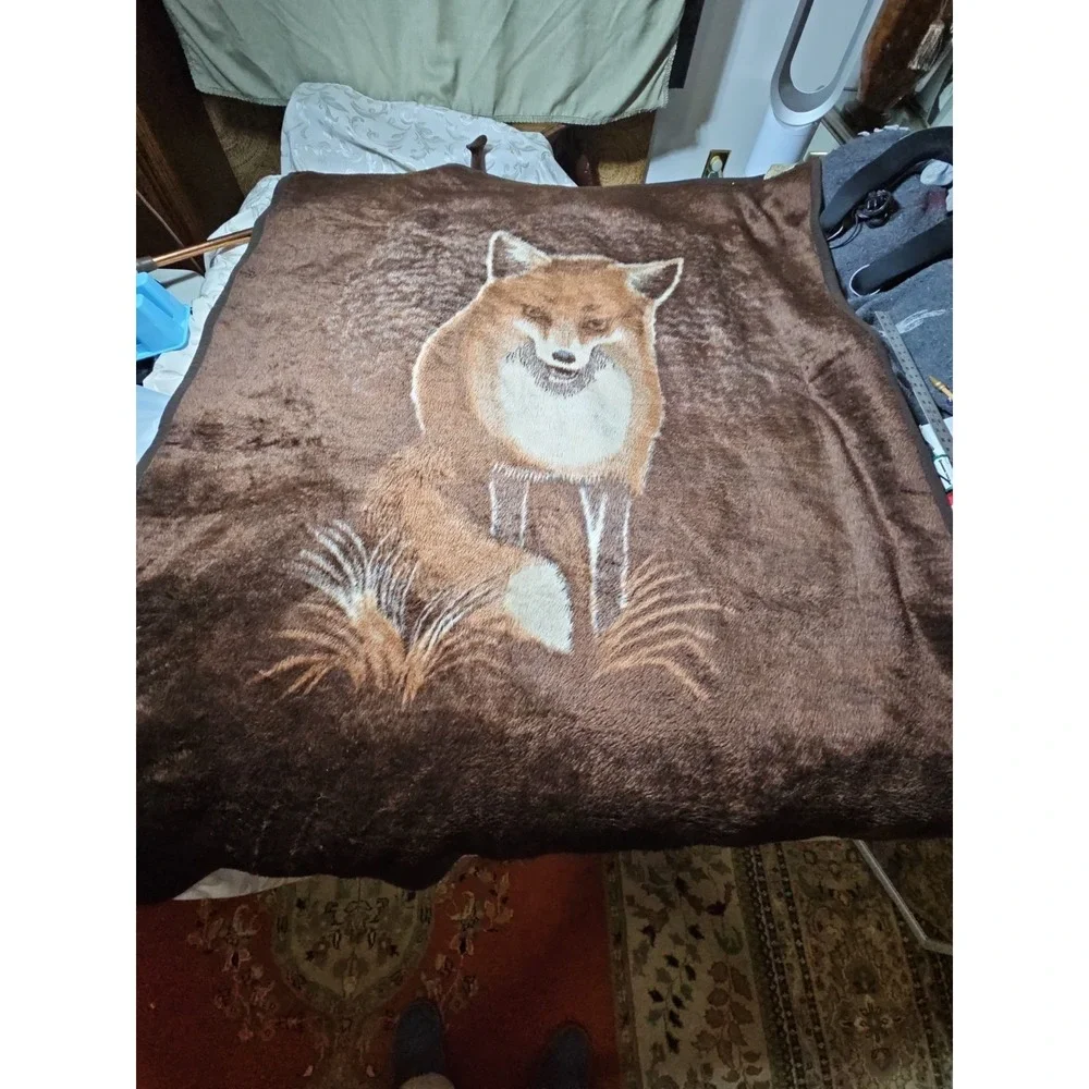 Fuzzy Plush Fox Blanket Reversible Fleece Safari Weavers Woodlands 60x50 Vintage